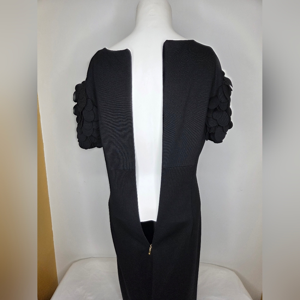 Trina Turk Size 12 Elegant Black Midi Dress with Textured Sleeves - Picture 4 of 9